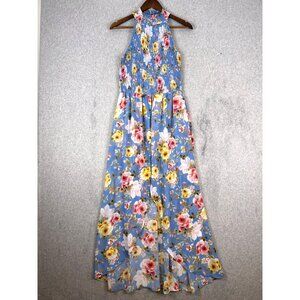 Venus Maxi Tunic Top Women Medium Blue Floral Halter Sleeveless High Slit Sheer